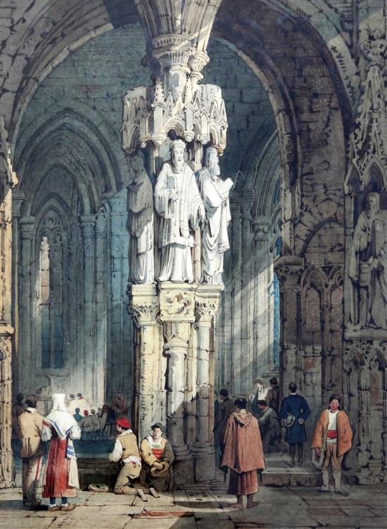 Attributed to Samuel Prout Entrance to a Continental cathedral and Continental street scene largest 12 x 9in.